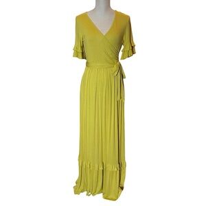 7Th Ray Elegant Yellow Wrap Belted ruffled Maxi Dress